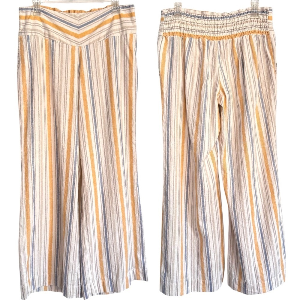 Cato Size Large Linen Blend Flat Front/Elastic Back Striped Wide Leg Beach Pants